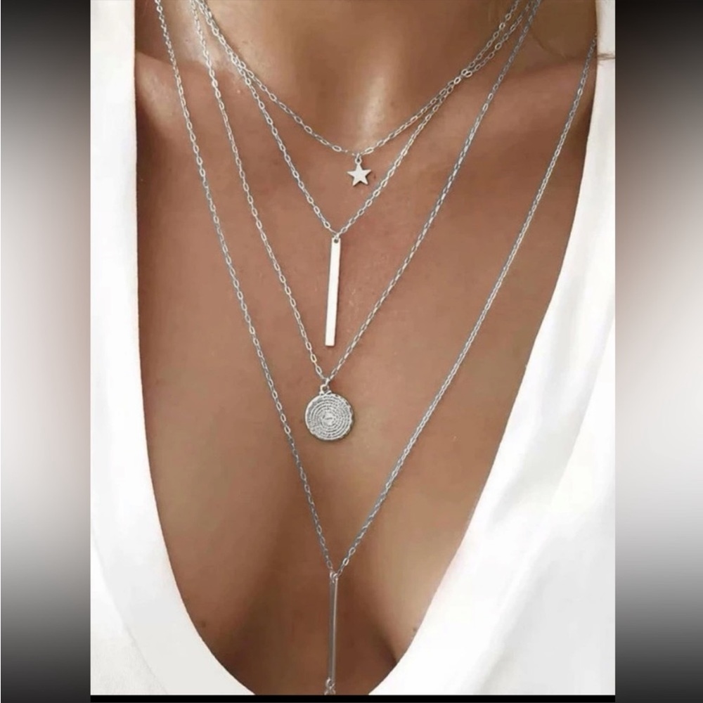 Silver Tone Layered Star Bar Coin Necklace